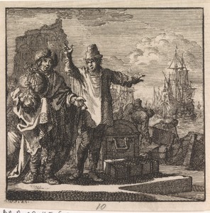 Gesprek in de haven tussen een man met de wereld in zijn handen en een armoedig gekleed man met schatten
