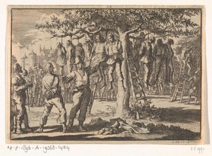 Gevangen genomen boeren bij Hasingen door de Zweden in een boom gehangen, 1633