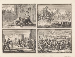 Gevecht te Londen tussen een dog en een jonge leeuw, 1664 / In de haven van het Noorse Bergen worden Hollandse koopvaardijschepen aangevallen door de Engelsen, 1665 / Te  Jönköping wordt baron Gustav Skyte vanwege zeeroof met een haakbus neergeschoten, zijn makkers worden onthoofd, 1663 / Inval der Tartaren in Polen, 1666