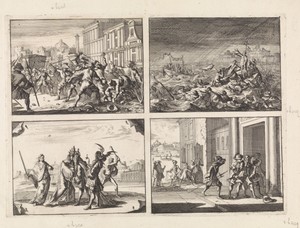 Gevecht te Rome tussen de dienaren van de Franse ambassadeur en enige straatmakers, 1679 / Op de Weichsel bij Warschau lijden twee schepen met geestelijken en bedevaartgangers schipbreuk in een wervelwind, 1683 / Spotprent over de strijd tussen Lodewijk XIV en paus Innocentius XI, 1687 / Brandewijnverkoper te Rome wordt door twee gerechtsdienaars gegrepen na het verlaten van de kerk Regina Coeli, 1687