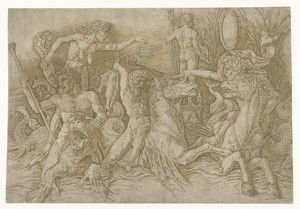 Gevecht tussen satyrs rijdend op hippocampussen en oude vrouw als personificatie van afgunst staand op rug van draak