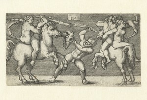 Gevecht tussen twee mannen met vrouwen te paard en een staande man