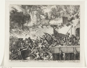 Gevechten tussen Turkse belegeraars en Habsburgers op een brug bij een stadspoort van Wenen