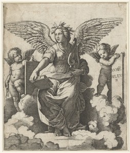 Gevleugelde vrouw als muze van Poëzie met boek en lier zittend op wolken geflankeerd door putti
