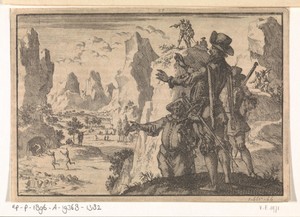 Gewapende Spanjaarden kijken vanaf rotsen neer op geheel wild levende mensen, ca. 1600