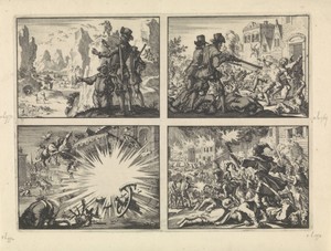 Gewapende Spanjaarden kijken vanaf rotsen neer op geheel wild levende mensen, ca. 1600 / Moord op hervormden te Tirano, 1620 / Rijtuig en de paarden van koning Lodewijk XIII door ontploffing van een helse machine vernield, ca. 1625 / Strijd der Russen en Polakken in Moskou, waarbij de stad grotendeels in de as wordt gelegd, 1611