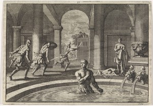 Gewapende vijanden slaan op de vlucht wanneer zij Herodes na zijn overwinning op het leger van Antigonus in bad zien