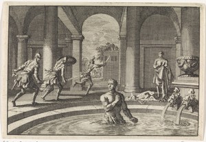 Gewapende vijanden slaan op de vlucht wanneer zij Herodes na zijn overwinning op het leger van Antigonus in bad zien