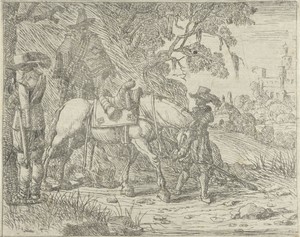 Gezadeld paard met soldaten
