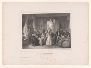 Gezelschap bekijkt aquarellen in een rijkelijk gedecoreerd interieur