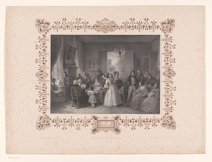 Gezelschap bekijkt aquarellen in een rijkelijk gedecoreerd interieur
