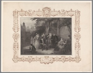 Gezelschap gezeten in een tuin bij een kasteel
