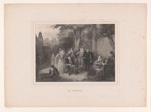 Gezelschap gezeten in een tuin bij een kasteel