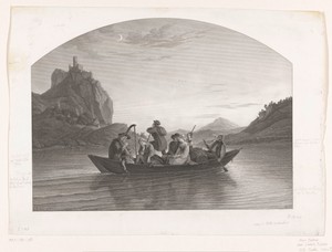 Gezelschap in een boot op de Elbe, in de achtergrond ruïne Schreckenstein