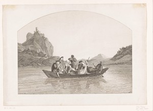 Gezelschap in een boot op de Elbe, in de achtergrond ruïne Schreckenstein