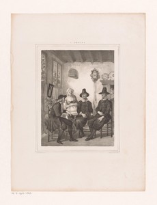 Gezelschap in een huiskamer en een glurende vrouw