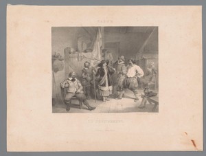 Gezelschap in een interieur met persoon in vermomming