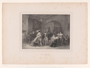 Gezelschap in een interieur rondom tafel
