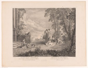 Gezelschap in een landschap of tuin met links een portiek