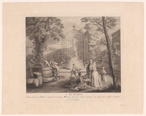 Gezelschap in een tuin met fontein en wijnpers
