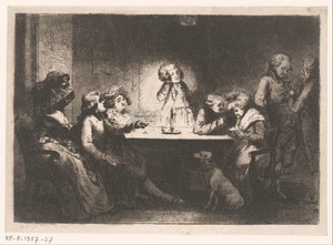 Gezelschap rond een tafel bij kaarslicht