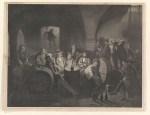 Gezelschap van drinkende mannen in een wijnkelder