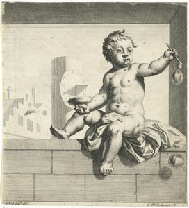 Gezeten putto die bellen blaast.