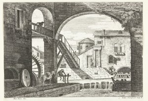 Gezicht door boog met brug bij watermolen