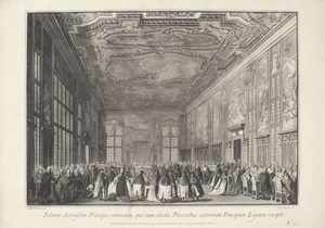 Gezicht in een paleiszaal met buitenlandse delegatie op audiëntie bij de Doge