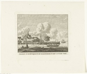 Gezicht op achterzijde Riedijkspoort met stadsherberg en het veer naar Gouda te Dordrecht