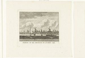 Gezicht op Biesbosch en Noordendijk met molens te Dordrecht
