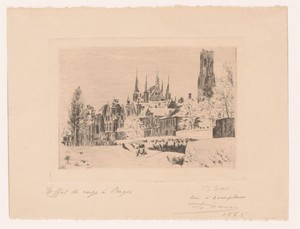 Gezicht op Brugge in de sneeuw