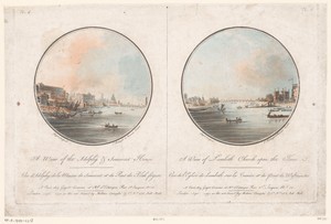 Gezicht op de Adelphi en Somerset House vanaf de Theems en gezicht op Lambeth Church vanaf de Theems