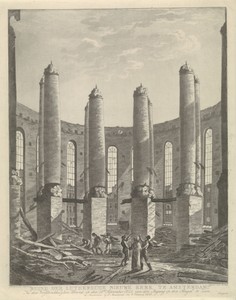 Gezicht op de afgebrande Nieuwe Lutherse Kerk op het Singel te Amsterdam, 1822