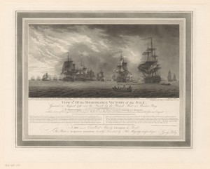 Gezicht op de Baai van Aboukir in de Nijl met de Britse vloot onder leiding van de schepen Goliath en Zealous, 1 augustus 1798