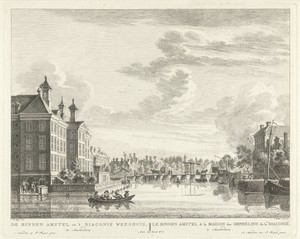 Gezicht op de Binnen-Amstel en het Diaconieweeshuis te Amsterdam