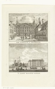 Gezicht op de binnenplaats van het Admiraliteits- of Prinsenhof en 's Lands Zeemagazijn te Amsterdam