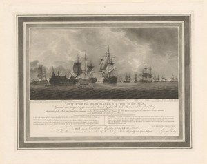 Gezicht op de Britse vloot op de ochtend van 3 augustus 1798, links brandt het Franse schip Timoléon uit