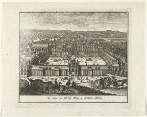 Gezicht op de Cour du Cheval Blanc van het paleis van Fontainebleau