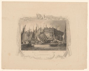 Gezicht op de haven bij een stadspoort van Londen