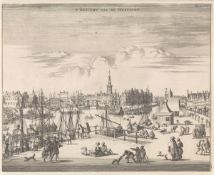 Gezicht op de haven van en de stad Middelburg