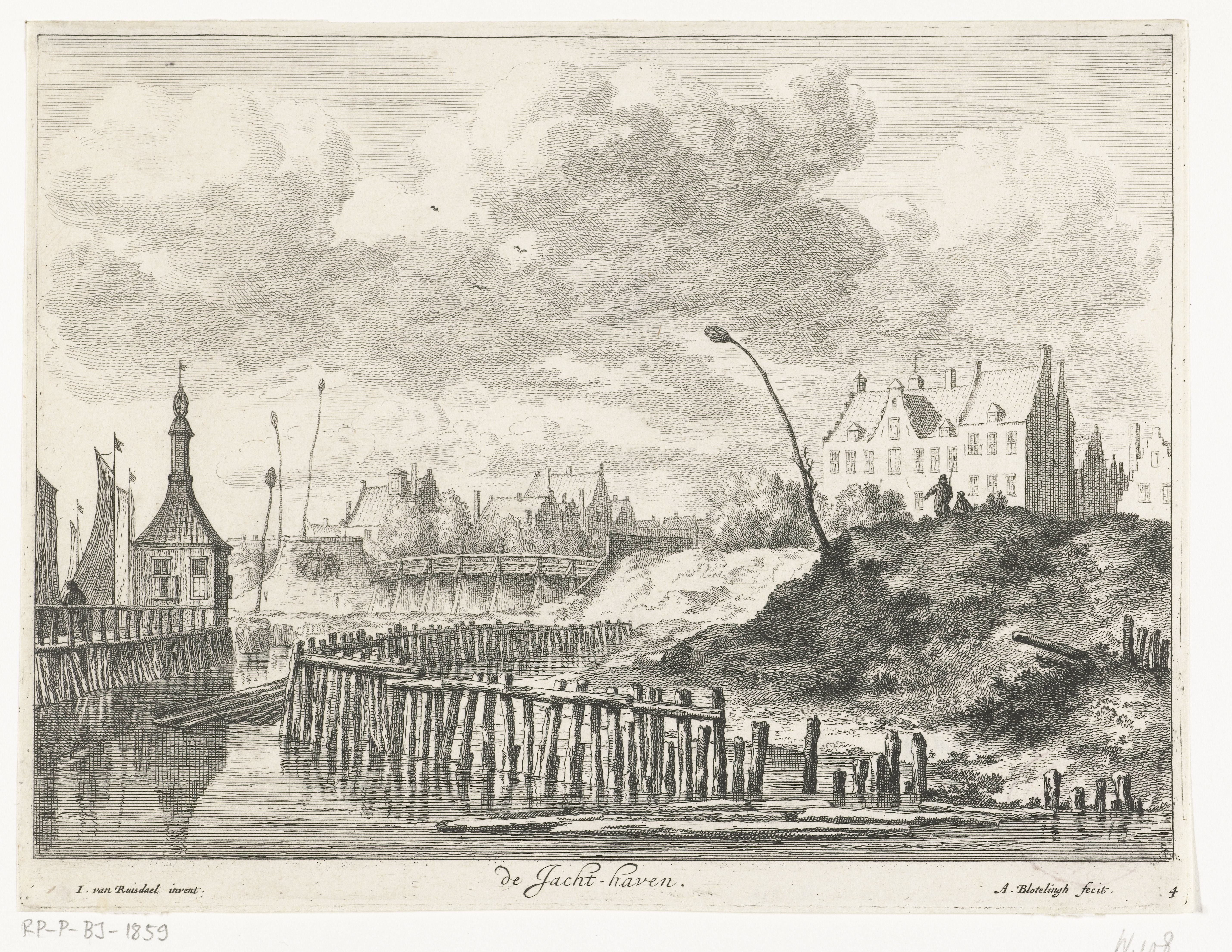 Gezicht op de Jachthaven buiten de Blauwbrug by Abraham Bloteling