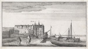 Gezicht op de kanselarij aan de Rijn nabij Bonn