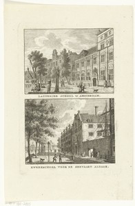 Gezicht op de Latijnse School en de Kweekschool voor de Zeevaart te Amsterdam