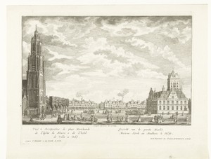 Gezicht op de Markt, de Nieuwe Kerk en het stadhuis te Delft