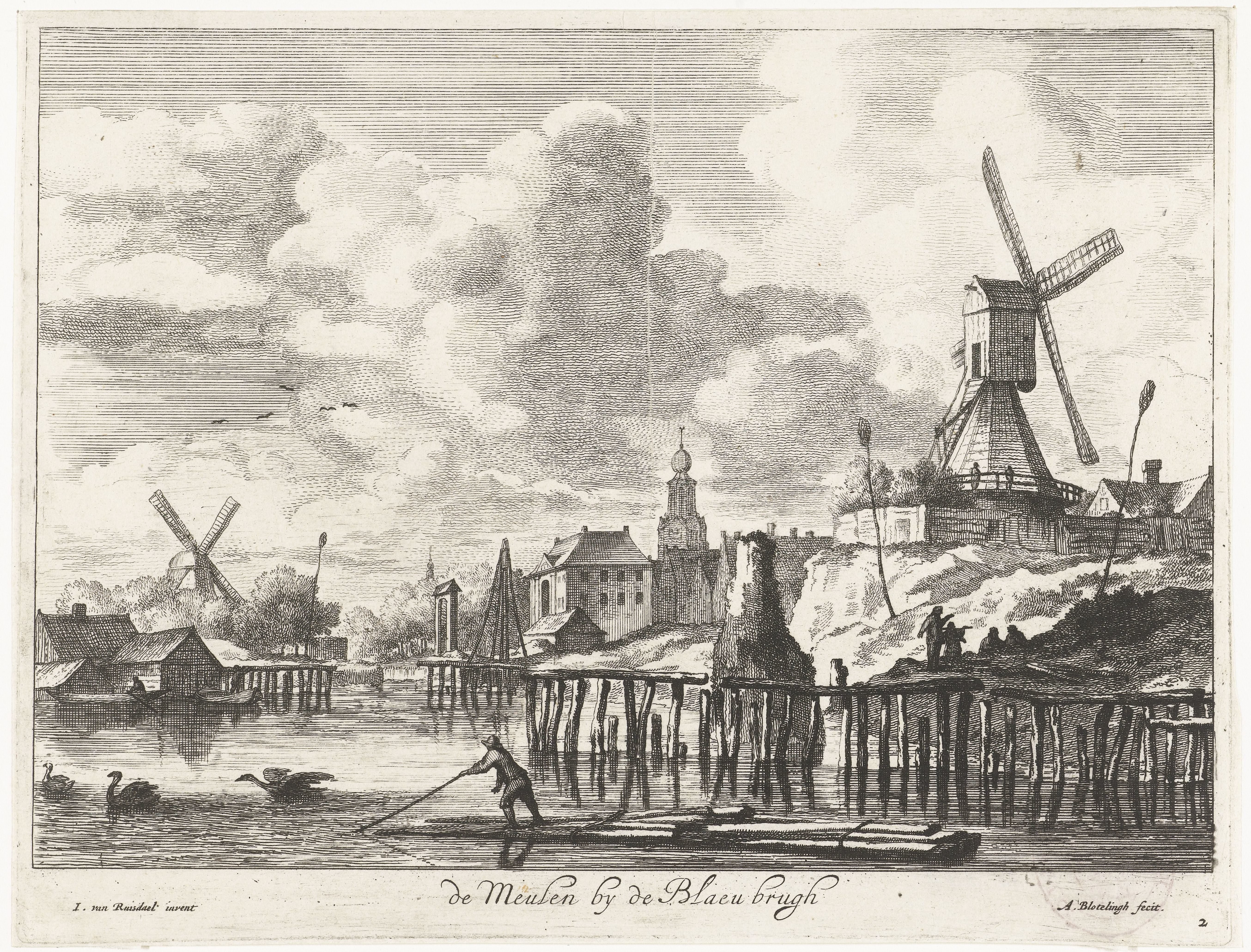 Gezicht op de molen bij de Blauwbrug by Abraham Bloteling