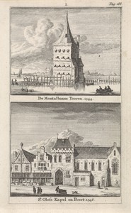 Gezicht op de Montelbaanstoren en de Sint-Olofskapel te Amsterdam