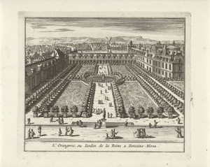 Gezicht op de Orangerie en Cour de la Fontaine van paleis van Fontainebleau