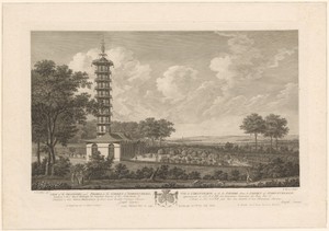 Gezicht op de Orangerie en de pagode in het park Schoonenberg nabij Brussel