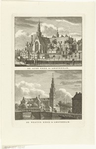 Gezicht op de Oude Kerk en Westerkerk te Amsterdam